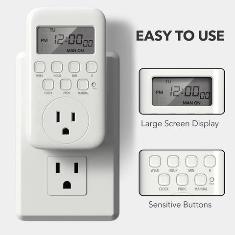 Indoor Digital Timer Outlet With Eight On Off Programs For Lamps And Fans No Brainer Easy Setup Simple Single Outlet 3 Prong Plug In Timer Seven Day Programmable Light Switch 15 Amp 1875 Watt ETL Listed