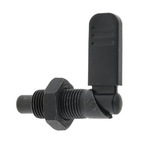 Spring Loaded Latch Pin With Lock Nut Quick Release Indexing Plunger, M12x6mm, black carbon steel, side angle view.