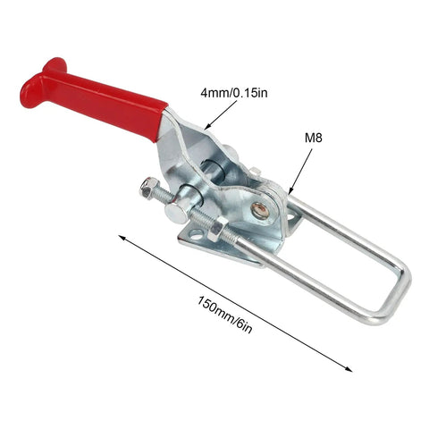 Heavy Duty U Toggle Clamps 2 Pack, 2000 Lb Capacity, Self Locking Zinc Plated Cold Rolled Steel with red handle, side view.