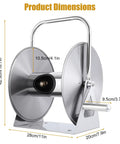 Heavy Duty Wall Mounted Hose Reel With Dual Wheel Smooth Winding And Ergonomic Crank, 6.5 Foot Leader Pipe, silver finish, dimensions shown