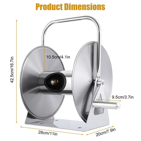 Heavy Duty Wall Mounted Hose Reel With Dual Wheel Smooth Winding And Ergonomic Crank, 6.5 Foot Leader Pipe, silver finish, dimensions shown