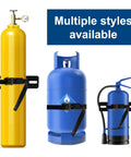 Three gas cylinders with Two Pack Propane Tank Bracket Wall Mounted Cylinder Holder With Six Point Six Foot Ratchet Straps