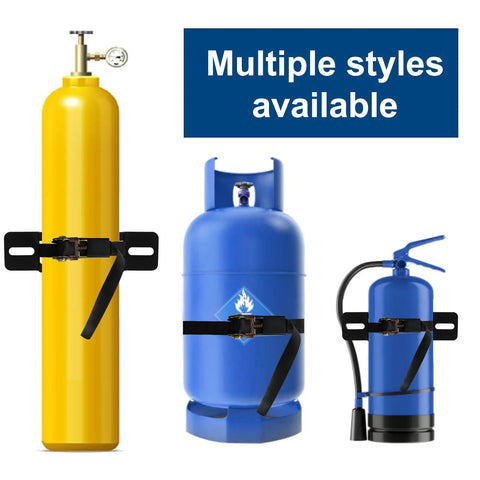 Three gas cylinders with Two Pack Propane Tank Bracket Wall Mounted Cylinder Holder With Six Point Six Foot Ratchet Straps