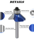 Heavy Duty Workhorse 4 Piece 45 Degree Chamfer Router Bit Set With Quarter Inch Shank and Premium Carbide Tips detailed view of tungsten steel cutting bit