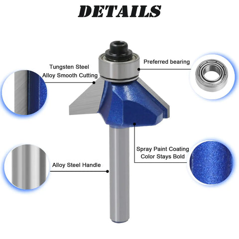 Heavy Duty Workhorse 4 Piece 45 Degree Chamfer Router Bit Set With Quarter Inch Shank and Premium Carbide Tips detailed view of tungsten steel cutting bit