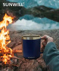 Insulated 14oz Travel Tumbler With Lid And Handle No Sweat Double Wall Stainless Steel Cup For Hot Or Iced Coffee Tea Or Water Powder Coated Navy Blue Ideal For Camping Office Or Home near campfire