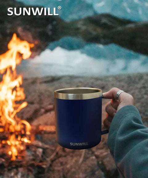 Insulated 14oz Travel Tumbler With Lid And Handle No Sweat Double Wall Stainless Steel Cup For Hot Or Iced Coffee Tea Or Water Powder Coated Navy Blue Ideal For Camping Office Or Home near campfire