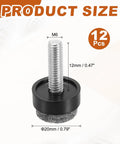 12 Pack Black Adjustable Furniture Levelers M6 Screw In Pads With Felt Base, measuring 12mm length, designed to prevent wobbling.