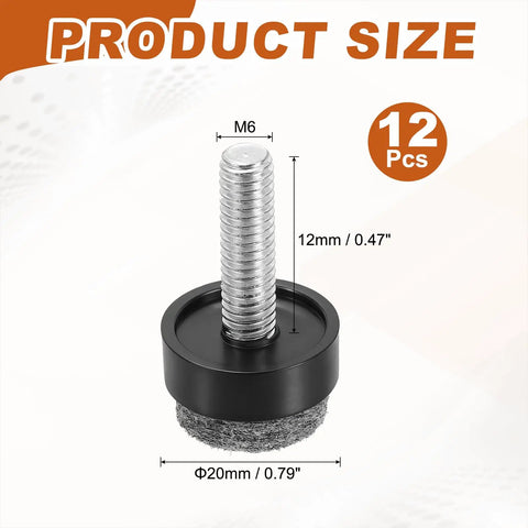 12 Pack Black Adjustable Furniture Levelers M6 Screw In Pads With Felt Base, measuring 12mm length, designed to prevent wobbling.