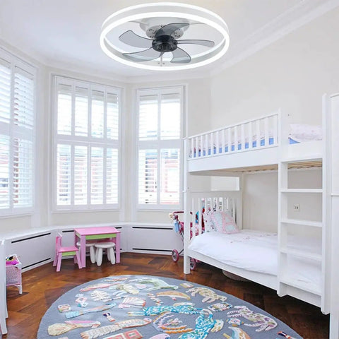 Modern Flush Mount Ceiling Fan With Lights White Remote And App Control in child's room with bunk bed and play area