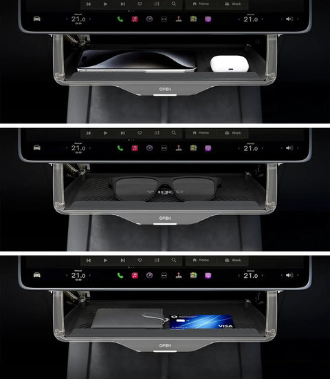 Under Screen Center Console Organizer For Model Y 2019 Through 2026 Including Juniper 2025 2026 Standard Premium And Performance Concealed Center Console Organizer Tray Quick Easy Stable Installation showing three organized storage compartments under display holding various items.