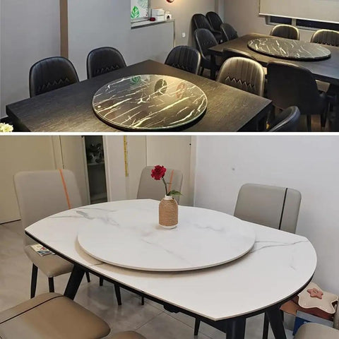 Rotating Lazy Susan Serving Tray 80cm Wooden Round Centerpiece For Dining Tables And Kitchen Six Color Options Go To Appetizers Condiments And Easy Meal Service; dark marbled and white versions on tables.