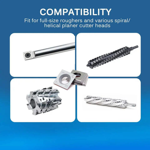 Compatibility of various cutter heads for spiral planers and jointers, including full-size roughers and tools.