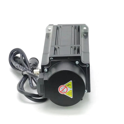 Front view of a servo motor with brake and attached drive unit; black metal housing with power cable.