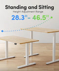 Fezibo Electric Height Adjustable Standing Desk 48 X 24 Inches Sit Stand Workstation With Solid Maple Finish showing height adjustment range 28.3" - 46.5".
