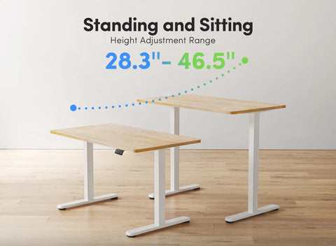 Fezibo Electric Height Adjustable Standing Desk 48 X 24 Inches Sit Stand Workstation With Solid Maple Finish showing height adjustment range 28.3" - 46.5".
