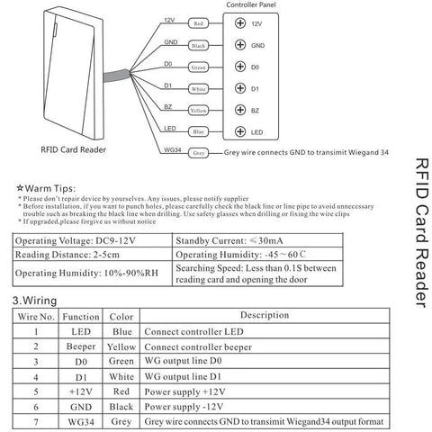 Diagram of Read-Only Wiegand 26/34 Proximity Card Reader 125KHz Waterproof IP68 with wiring details and specifications.
