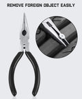 Needle-nose pliers from Heavy Duty Tire Repair Kit 24 Piece Universal Plug And Patch Set showing screw removal from tire tread.