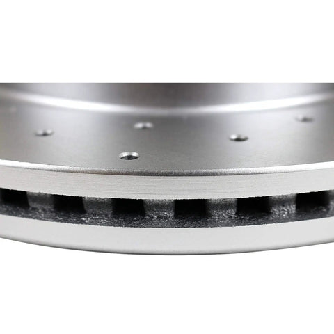 Close-up of front drilled and slotted brake rotor edge for Front Drilled And Slotted Brake Rotors And Ceramic Brake Pads Kit Replacement For Toyota Avalon Camry Lexus ES300h ES350 Beefed Up Braking Performance Upgrade Bundle