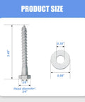 Product size diagram showing dimensions of Heavy Duty Wood Lag Screws Kit With 100 Hex Head Lag Screws And Washers For Wood, Three Eighths Inch By 3 Inch, Hot Dip Galvanized For Rust Proof Outdoor And Indoor Projects, Includes 100 Flat Washers Built To Last, Easy Install, Hicarer.