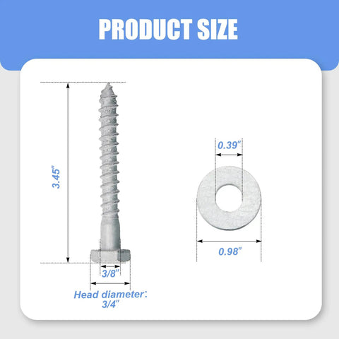 Product size diagram showing dimensions of Heavy Duty Wood Lag Screws Kit With 100 Hex Head Lag Screws And Washers For Wood, Three Eighths Inch By 3 Inch, Hot Dip Galvanized For Rust Proof Outdoor And Indoor Projects, Includes 100 Flat Washers Built To Last, Easy Install, Hicarer.