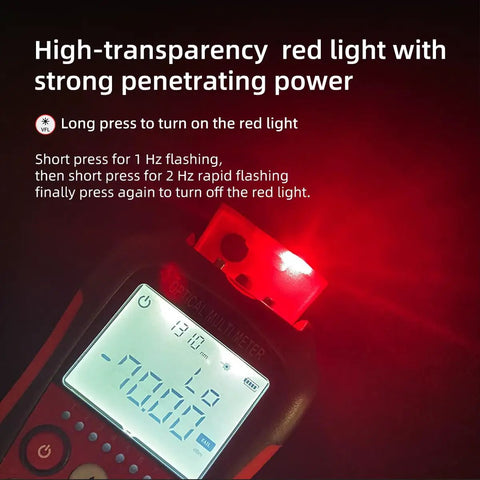 4-In-1 Optical Power Meter, Visual Fault Locator And RJ45 Tester displaying red light activation on a digital screen.