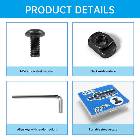 Go To All In One 24 Piece M5 T Nuts And Screws Kit showing carbon steel screw, T nut, Allen key, and storage box