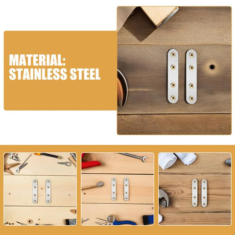 18 Piece Metal Mending Plates And Flat Wall Brackets Set with stainless steel construction on wooden surface with tools.