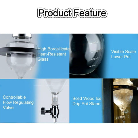 Features of Top Shelf Cold Brew Coffee Maker With Adjustable Flow Valve And Thick Borosilicate Glass including glass and drip pot stand.