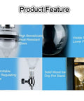 Product features of Straight Up Smooth High Borosilicate Glass Cold Brew Tower with Adjustable Drip Valve including glass materials and valve.