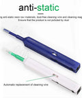 Front view: two fiber optic cleaner pens, blue and white, one-click cleaning design for LC/SC/ST connectors.