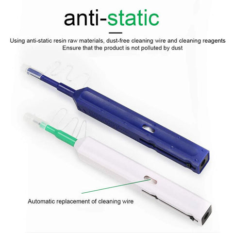 Front view: two fiber optic cleaner pens, blue and white, one-click cleaning design for LC/SC/ST connectors.