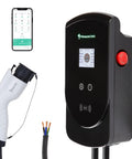 Heavy Duty 80 Amp Level 2 EV Charger With J1772 Socket 277 To 480V Single Phase 25 Foot Cable on a wall with smartphone.