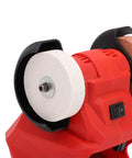 Hamwesh Mini Bench Grinder 18V Cordless Polisher 5500rpm Battery Powered Tool showing dual grinding wheels and frame.