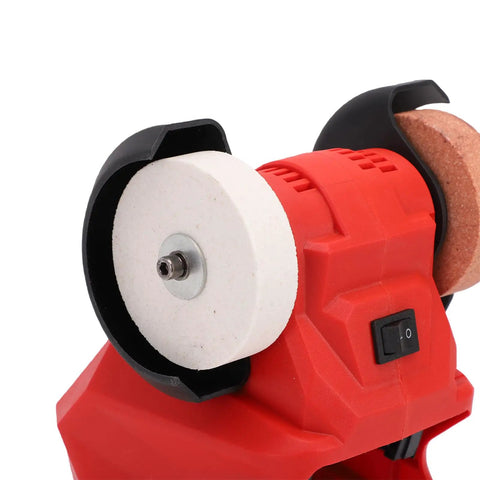 Badafaci Portable Mini Bench Grinder With Coarse Fine Corundum Wheels For 18V Battery Powered Metal Wood Jewelry Polishing Sharpening Electric Tool showing corundum wheel and motor.