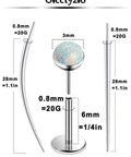 F136 Titanium Threadless Opal Flat Back Stud Earrings For Women, 20G 6mm Bar, Medical Grade Titanium, dimensions shown