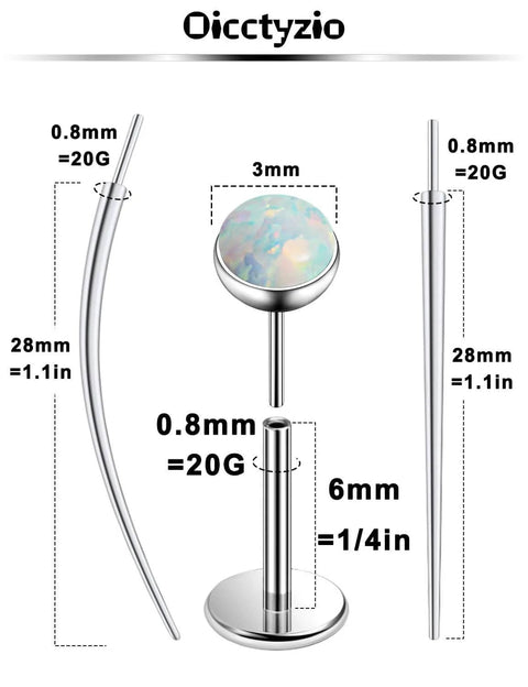 F136 Titanium Threadless Opal Flat Back Stud Earrings For Women, 20G 6mm Bar, Medical Grade Titanium, dimensions shown