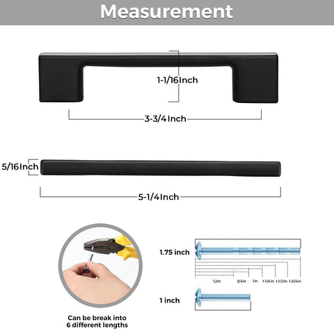 3 Pack Black Cabinet Pulls 3.75 Inch Hole Center Wide Foot Drawer Pulls showing dimensions and breakable screws.