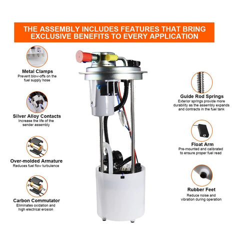 Electric Fuel Pump Assembly Fits Chevy Silverado 1500 And GMC Sierra 1500 From 2014 To 2018 With V6 4.3L Or V8 5.3L And 6.2L Replacement SP6714M FG1832 C0790M Built To Drop In Easy And Keep Your Truck Running Strong with labeled features