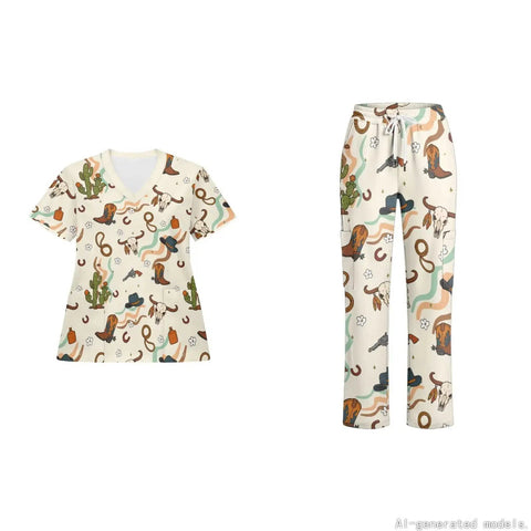 Women Western Cowboy Print Scrubs Set With Deep Multi Pocket Elastic Waist Healthcare Uniforms For Nurses And Dental Assistants, featuring V-neck top and cargo pants.