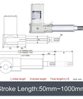 Diagram of Knockout 24V Linear Actuator Set, showing stroke length options from 50mm to 1000mm, dimensions labeled.