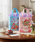 Mother's Day Gift Bags With Tissue Paper Floral Non-Woven Design 10x8x4.7 Inches Pink And Blue Two Pack Ideal For Wrapping Gifts