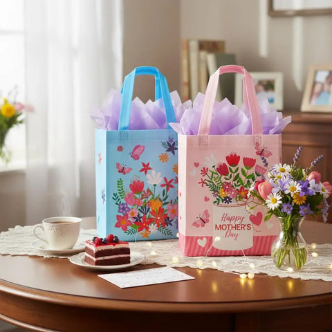 Mother's Day Gift Bags With Tissue Paper Floral Non-Woven Design 10x8x4.7 Inches Pink And Blue Two Pack Ideal For Wrapping Gifts