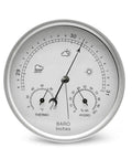 Front view of silver Big Five Point Two Inch Dial All In One Weather Station With Barometer Thermometer And Hygrometer for wall mount.