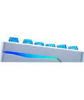 Built Damn Tough Full Aluminum Wireless Mechanical Keyboard With Hot Swappable Switches And Smart Tri Mode Pairing Featuring Custom Rgb Lighting 8000Mah Cell For Elite Gaming And Typing Setups side view showcasing blue switches and RGB accents.