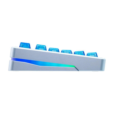 Built Damn Tough Full Aluminum Wireless Mechanical Keyboard With Hot Swappable Switches And Smart Tri Mode Pairing Featuring Custom Rgb Lighting 8000Mah Cell For Elite Gaming And Typing Setups side view showcasing blue switches and RGB accents.