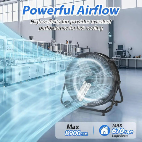 24 Inch Industrial Drum Fan With High Velocity Airflow, Heavy Duty Metal Air Circulator in factory setting, illustrating power