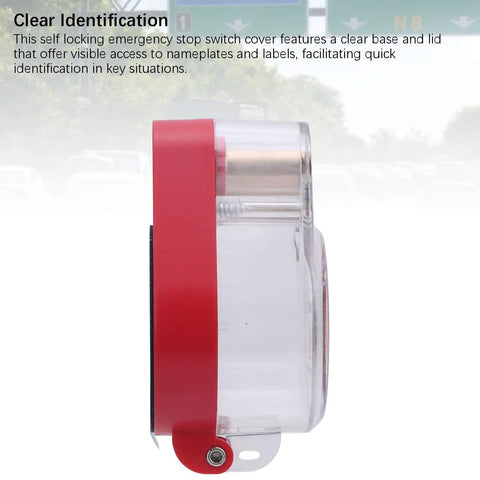 Side view of Emergency Stop Button Switch Cover for 22mm mount, transparent ABS lockout guard with key access and red base.