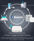 Diagram showing Bluetooth Mesh Gateway for Smart Locks and Tuya Devices, with remote app and voice control integration.