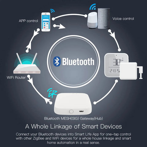 Diagram showing Bluetooth Mesh Gateway for Smart Locks and Tuya Devices, with remote app and voice control integration.